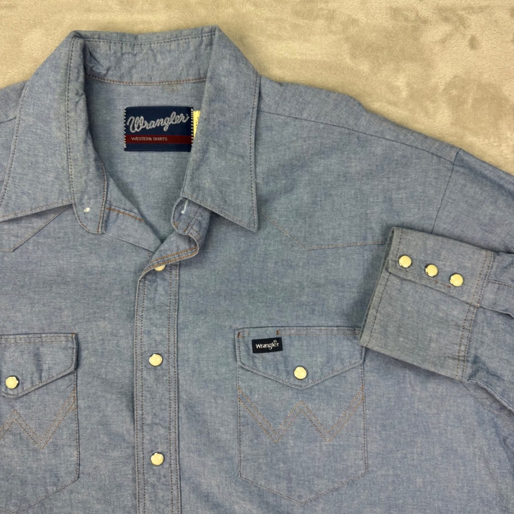Vtg 90s Wrangler Chambray Shirt Mens XL Blue Western Snap Cotton Cowboy Workwear